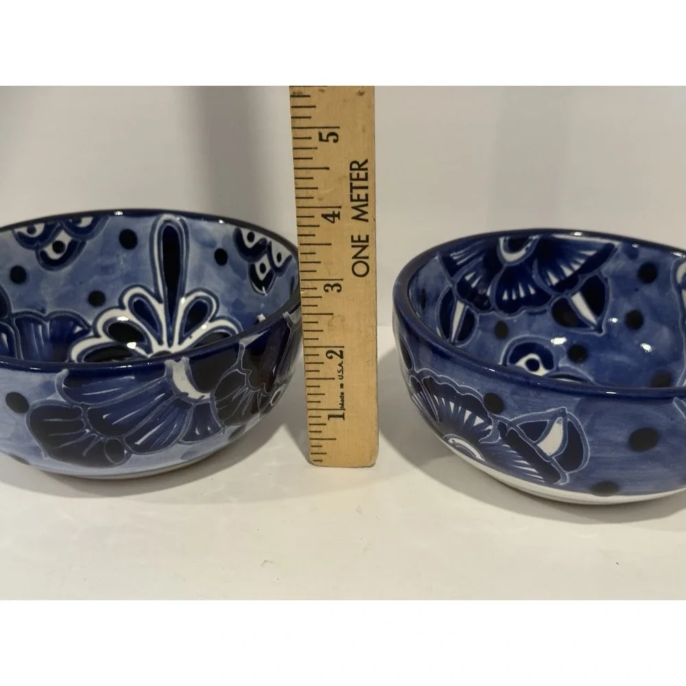 VTG Lot 2 Mexican Talavera Pottery Bowls Blue & White Floral 5x2